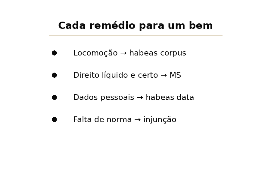 Cada remédio constitucional ligado ao bem que protege