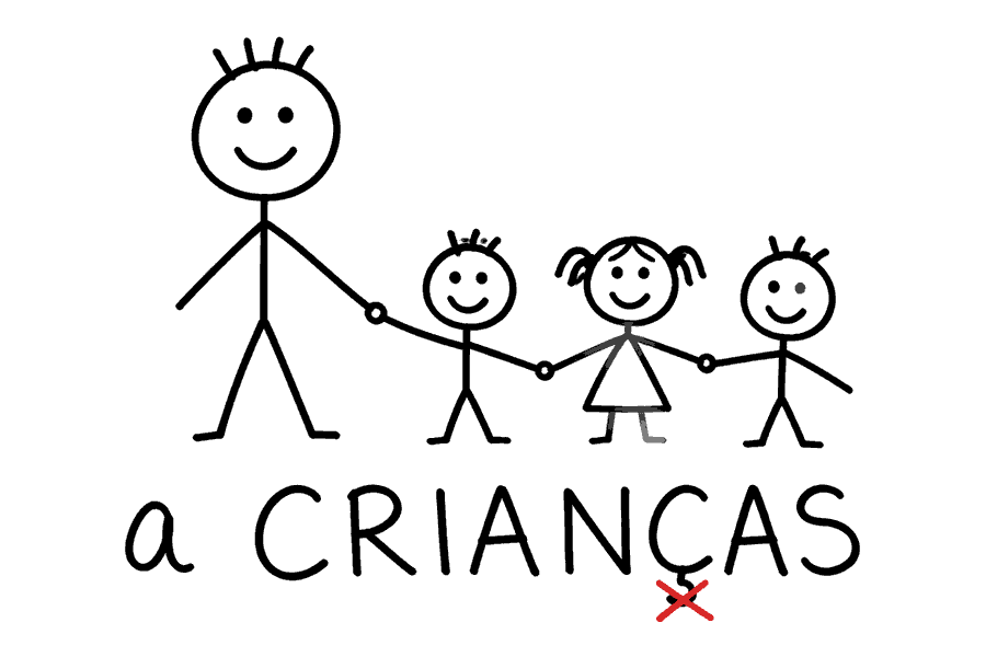 Adulto de palito de mãos dadas com três crianças, sob a legenda “a crianças”