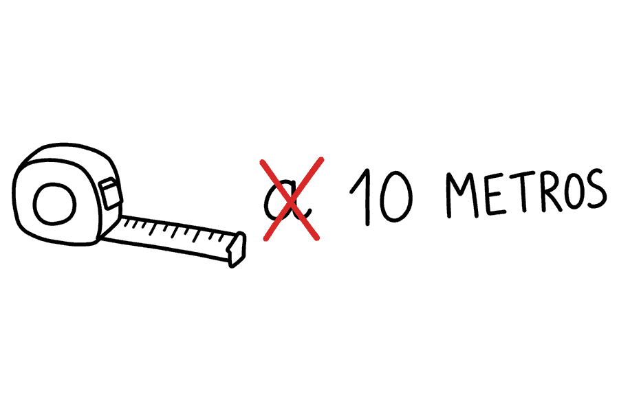 Trena desenhada marcando “10 metros” com o “a” riscado de vermelho
